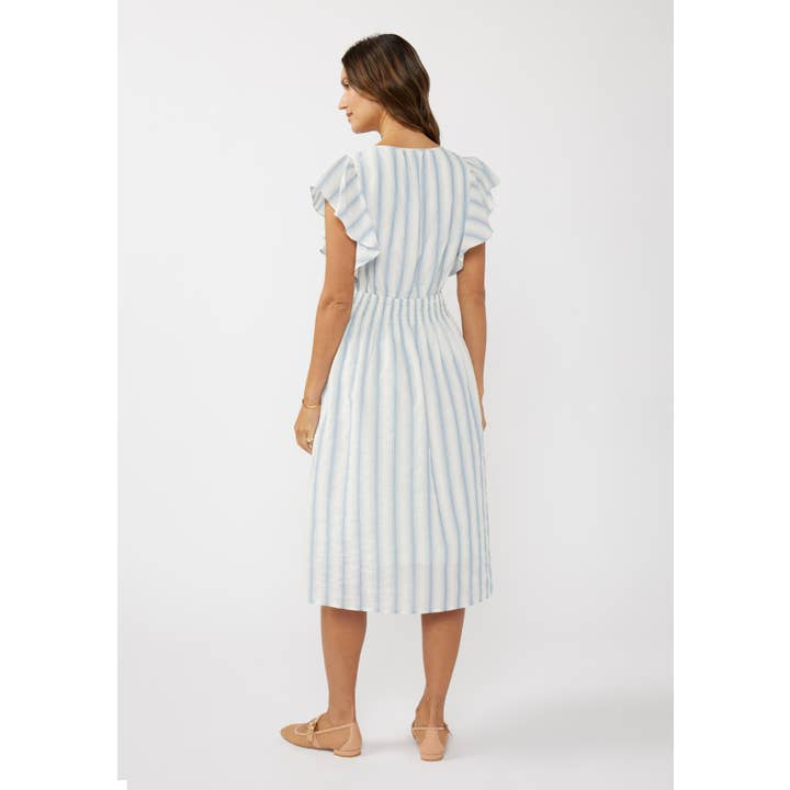 Ruffle Slv Split Neck Smocked Waist Midi Dress