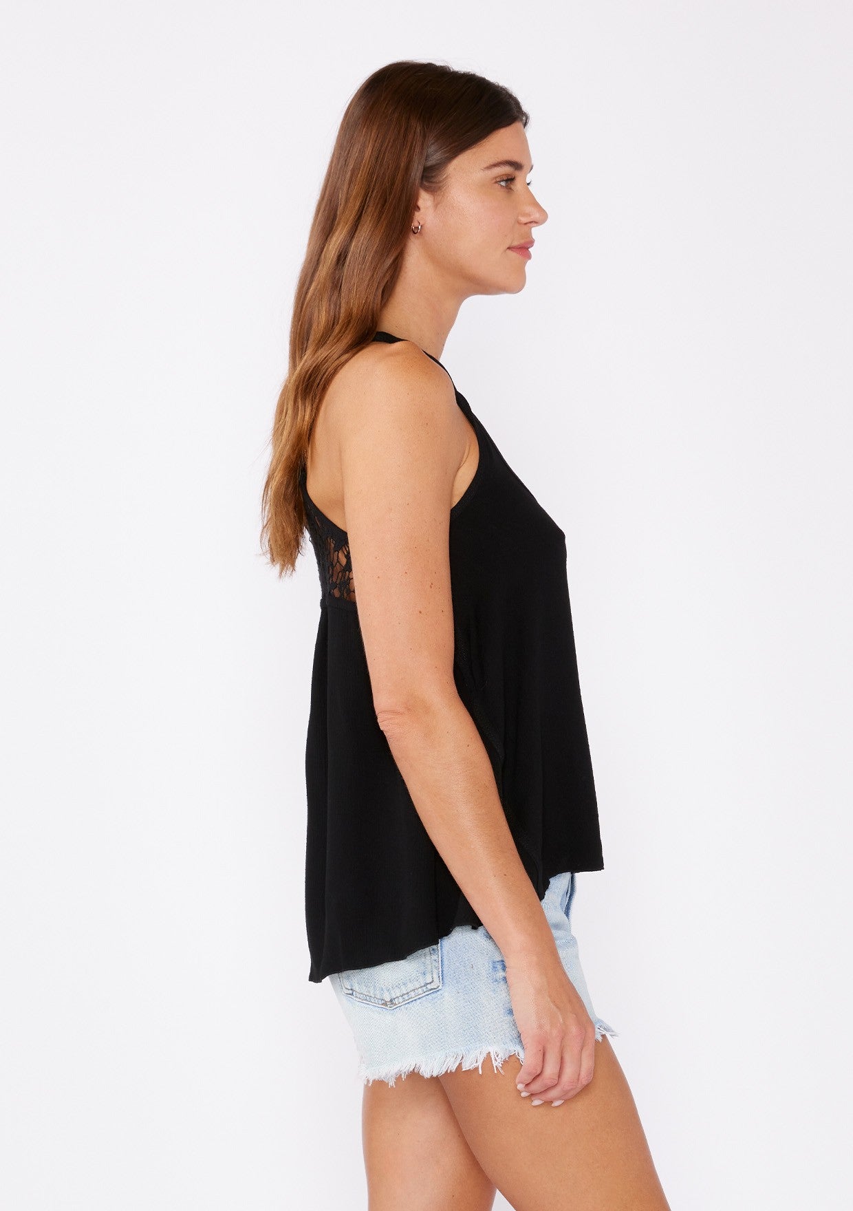 Scoop Neck, Twist Strap Tank Top W/ Lace Cutout at Back and Sides