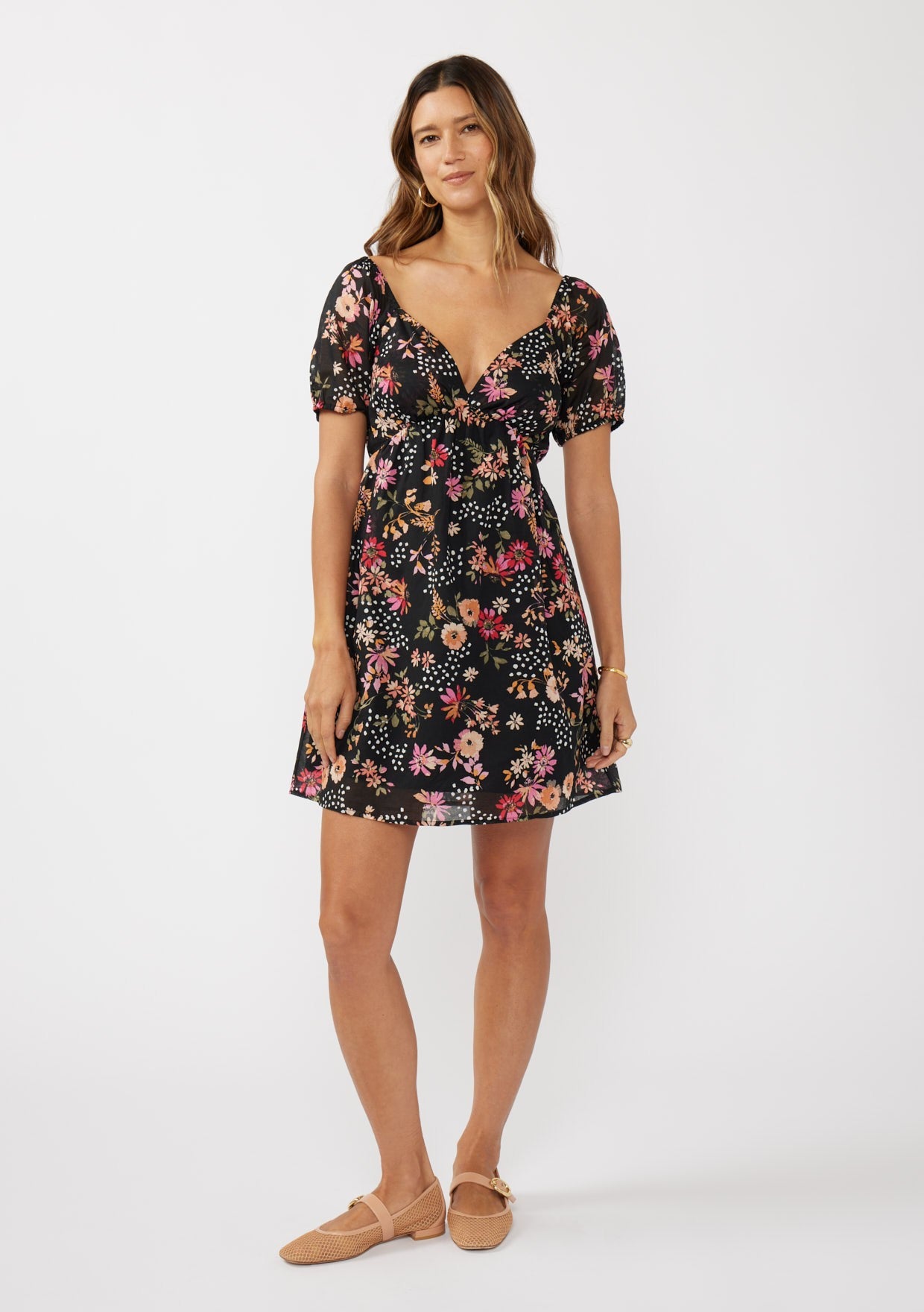 Short Puff Slv Empire Waist Mini Dress W/ Smocked Back Band