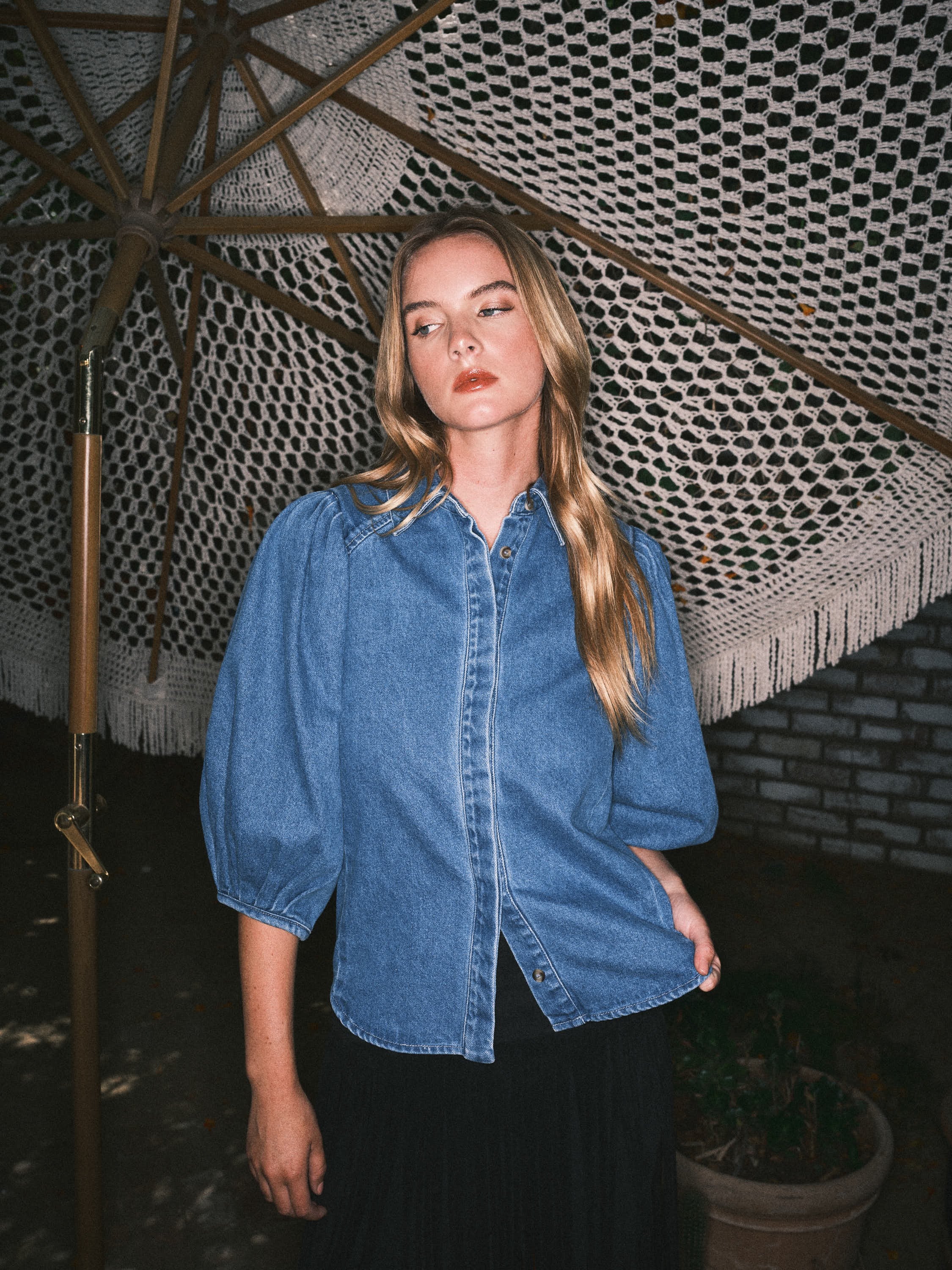 Puff Sleeve Denim Blouse