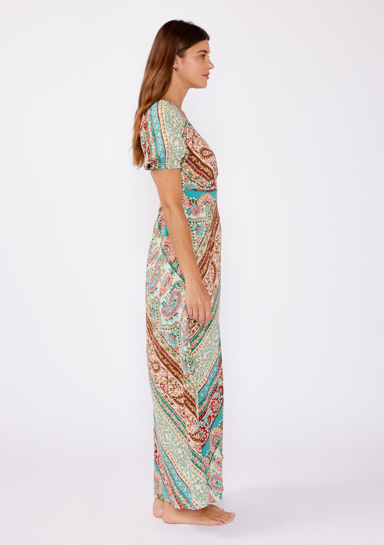 Short Puff Sleeve V-Neck Maxi Dress