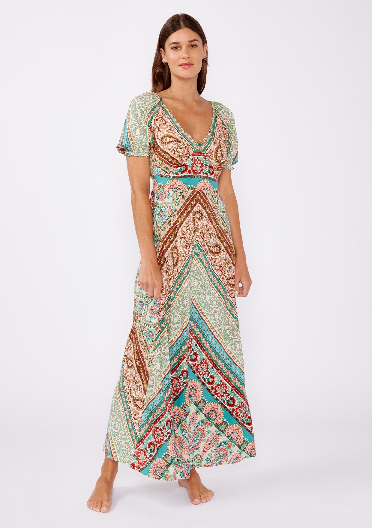 Short Puff Sleeve V-Neck Maxi Dress