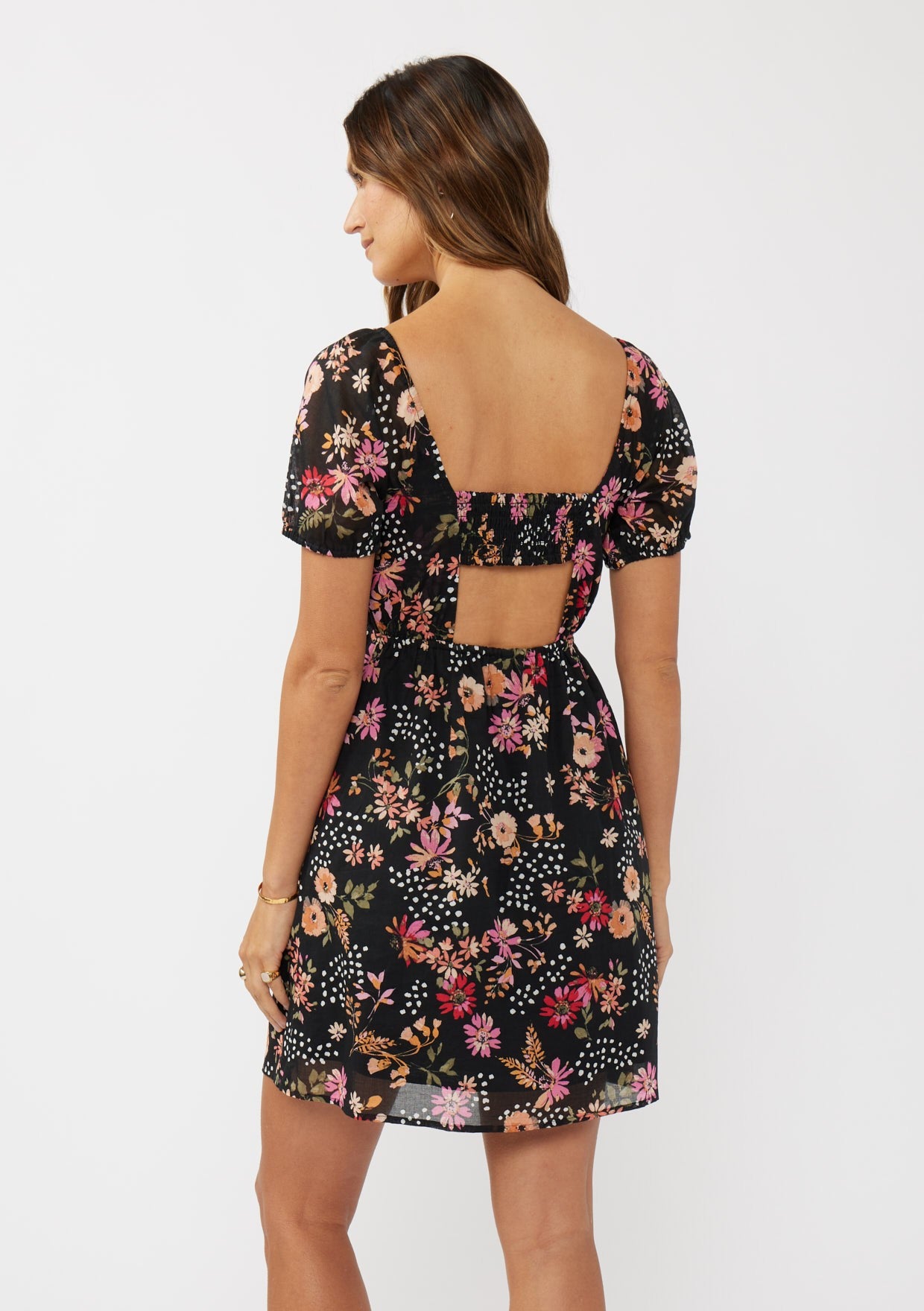 Short Puff Slv Empire Waist Mini Dress W/ Smocked Back Band