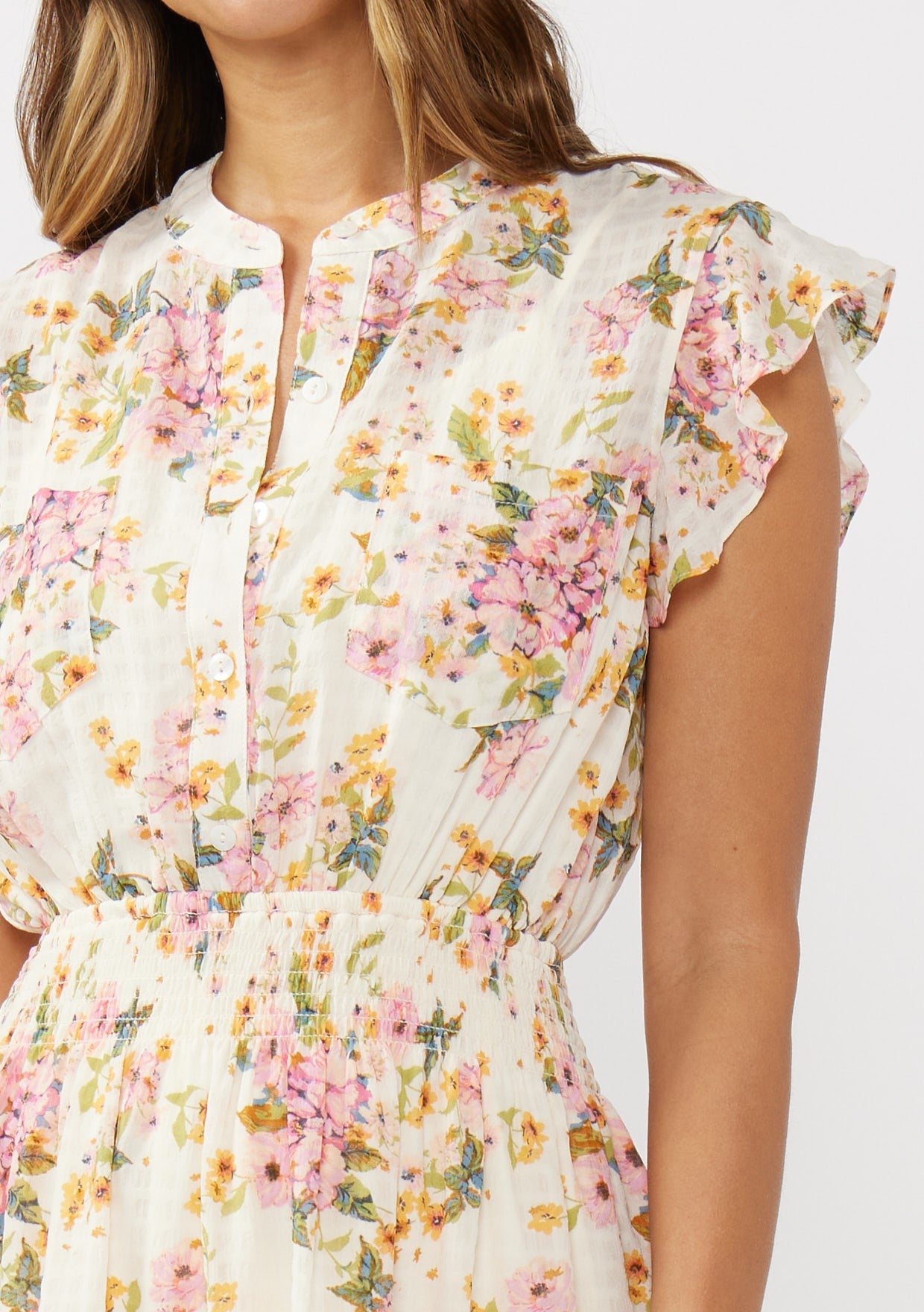 Flutter Slv Smocked Waist Mini Dress