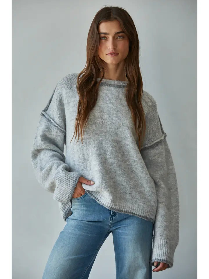Knit Sweater Crew Neck Pullover Top Rolled Edge