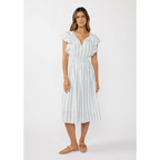Ruffle Slv Split Neck Smocked Waist Midi Dress