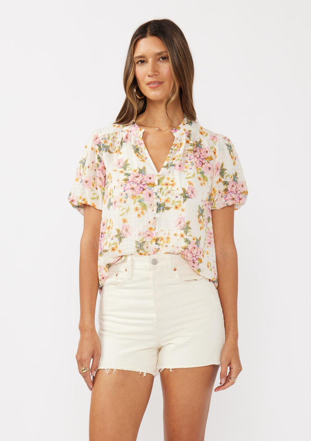 Short Puff Slv Split Neck Button Down Top