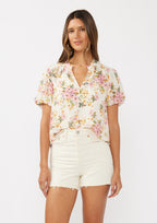 Short Puff Slv Split Neck Button Down Top