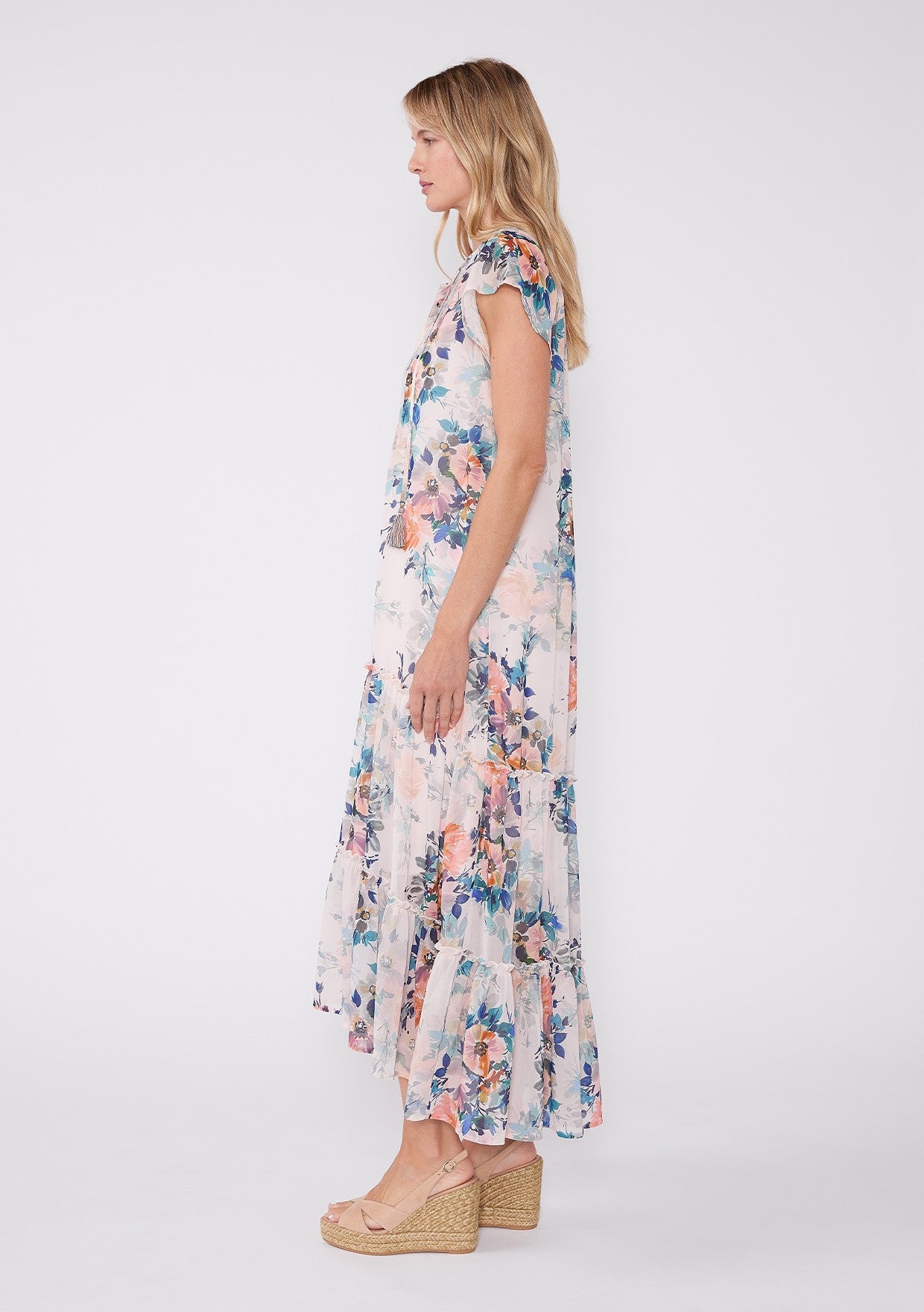 Short Flutter Slv Button Front Tiered Hi-Lo Maxi Dress