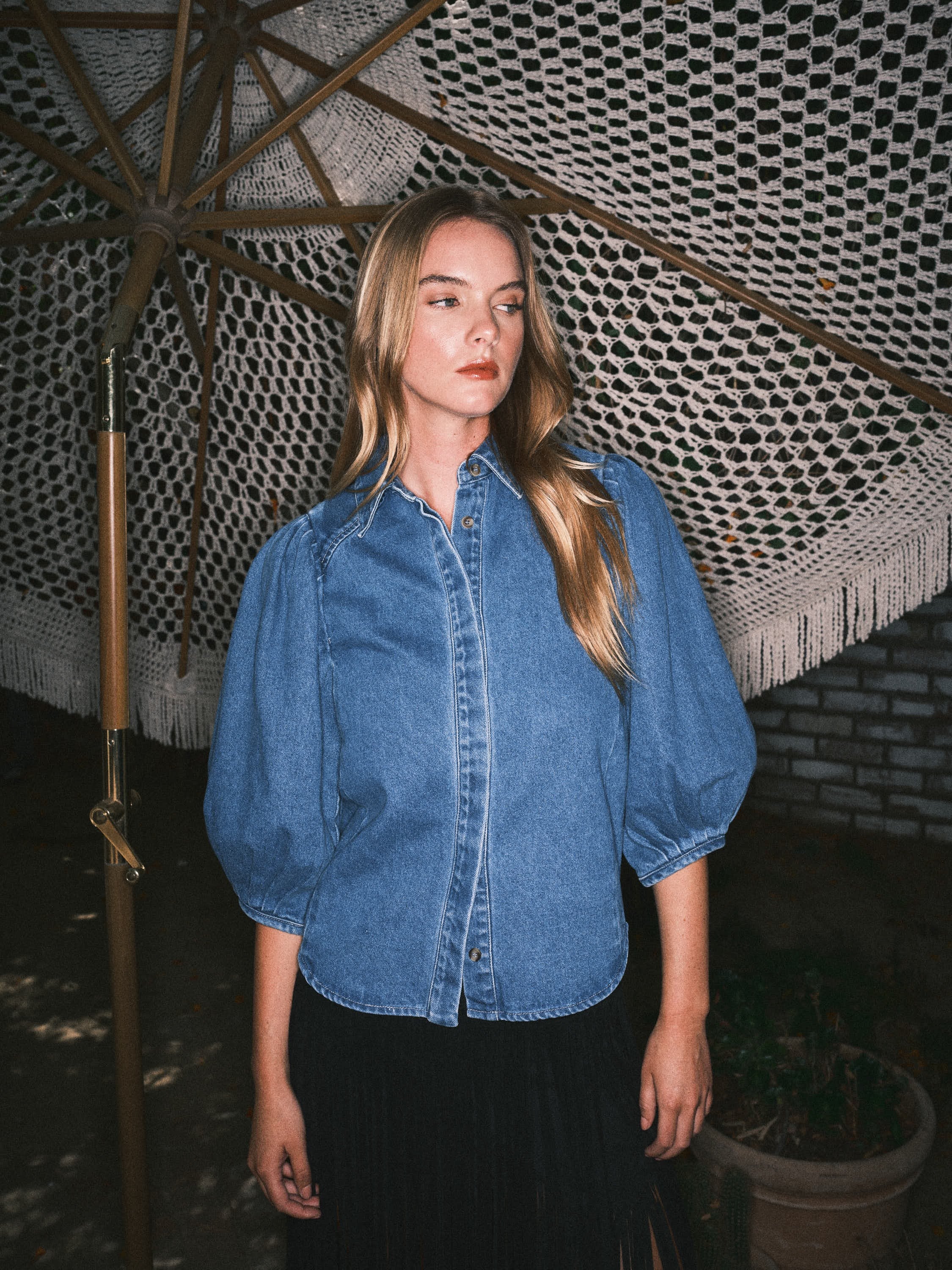 Puff Sleeve Denim Blouse