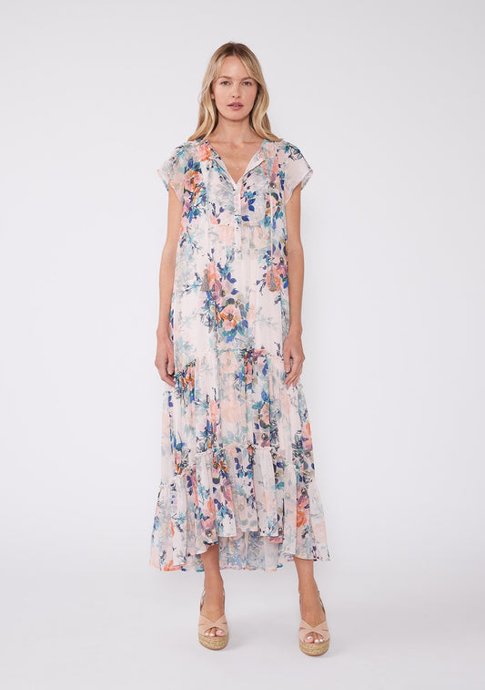 Short Flutter Slv Button Front Tiered Hi-Lo Maxi Dress