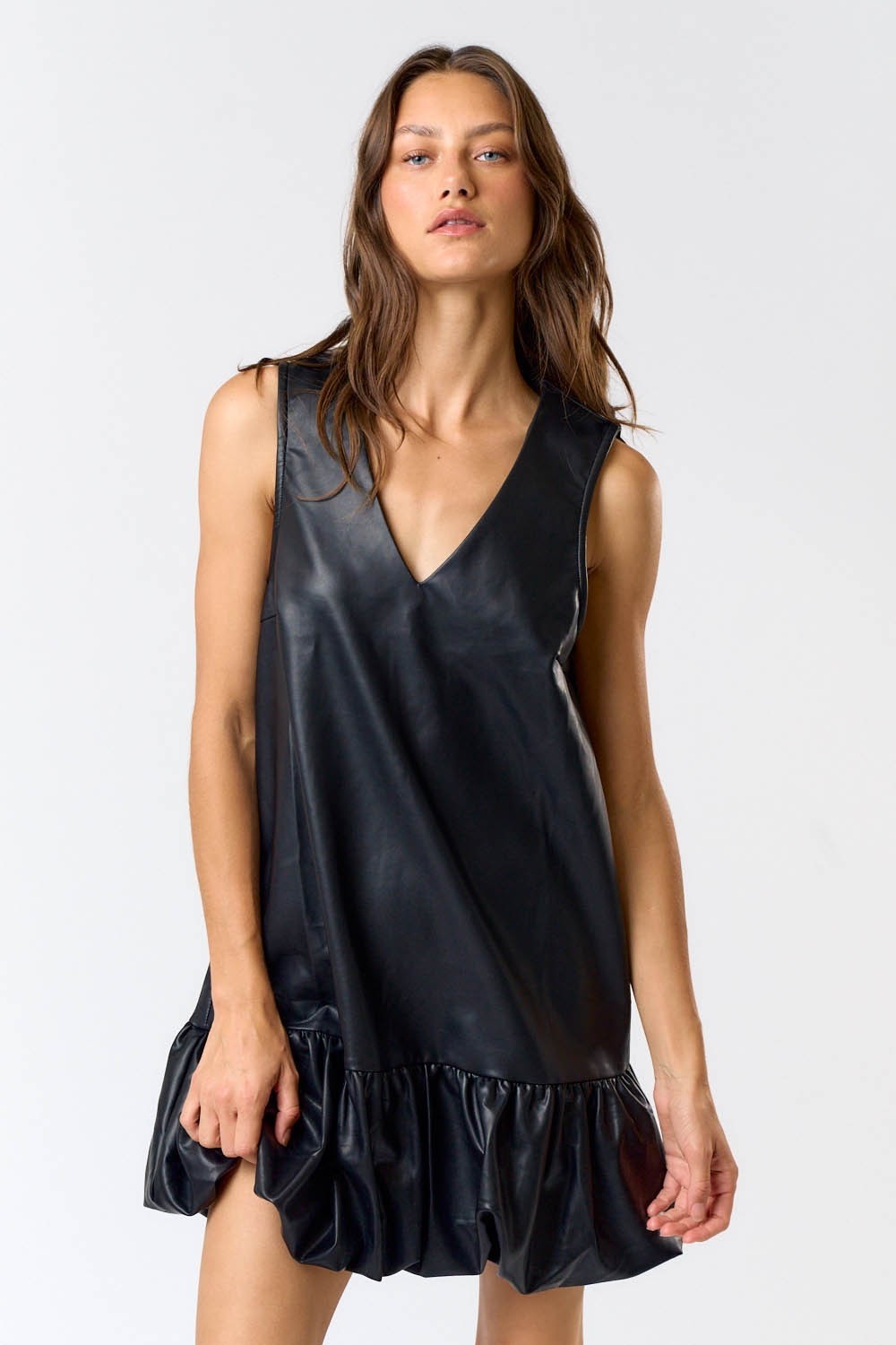 Leather Bubble Hem Mini Dress