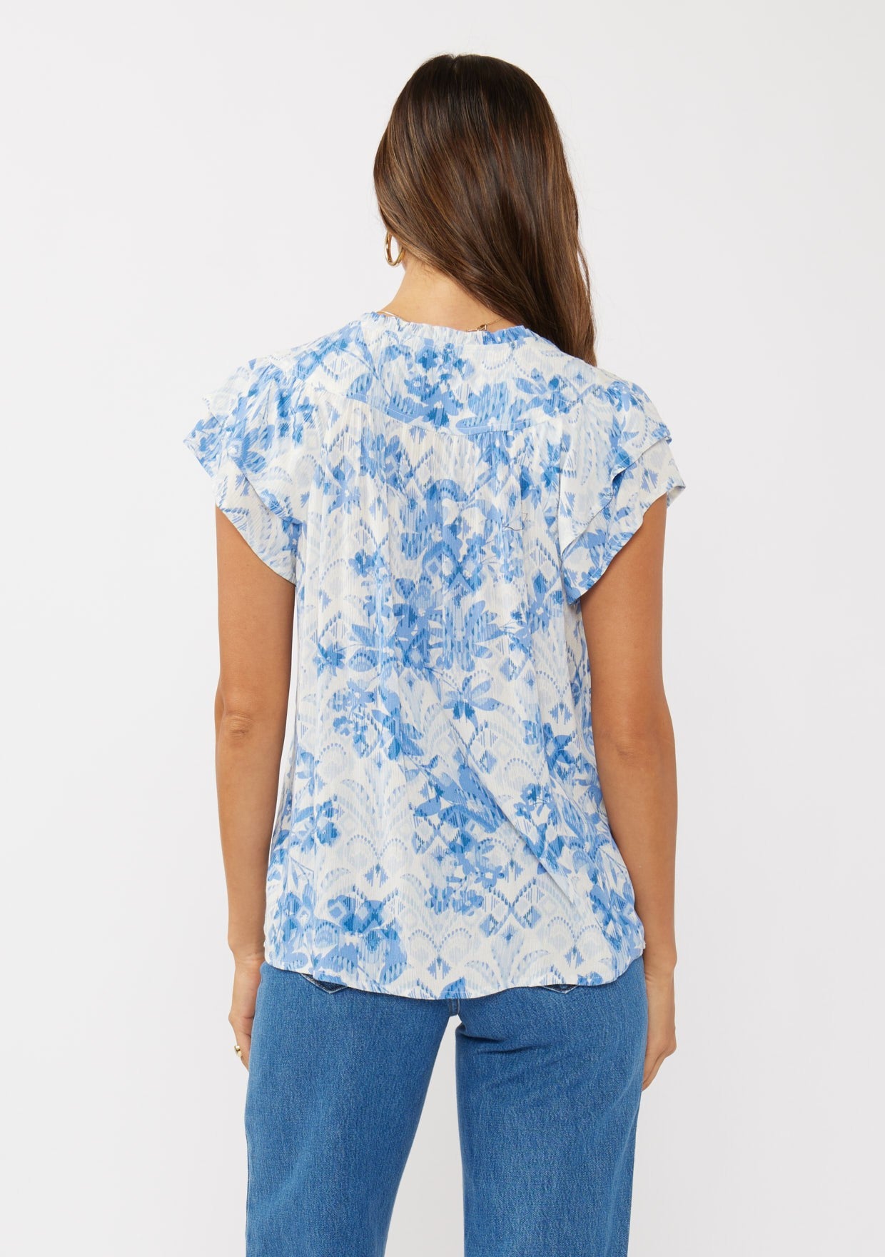 Double Ruffle Slv Split Neck Top
