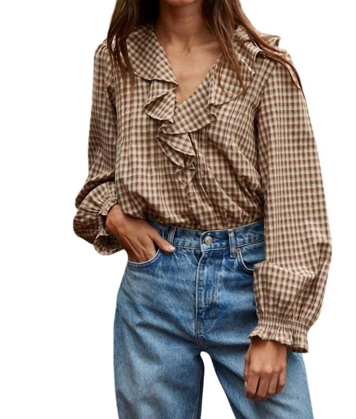Woven Cotton Gingham Ruffled Blouse L8738