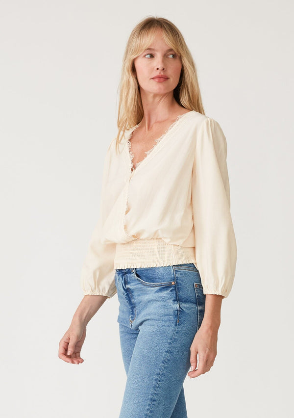 Half Lenght Slv Surplice Lace Trim V-Neck Blouse W/ Smocked Waistband