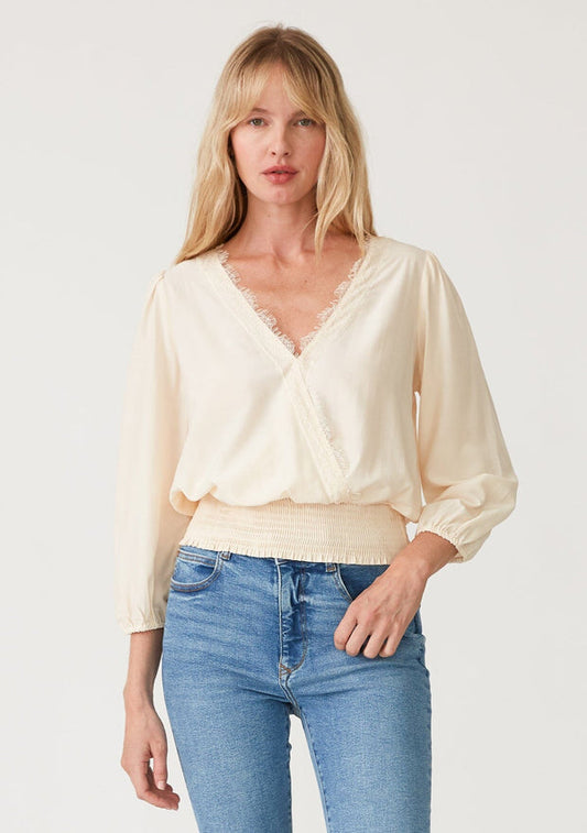 Half Lenght Slv Surplice Lace Trim V-Neck Blouse W/ Smocked Waistband