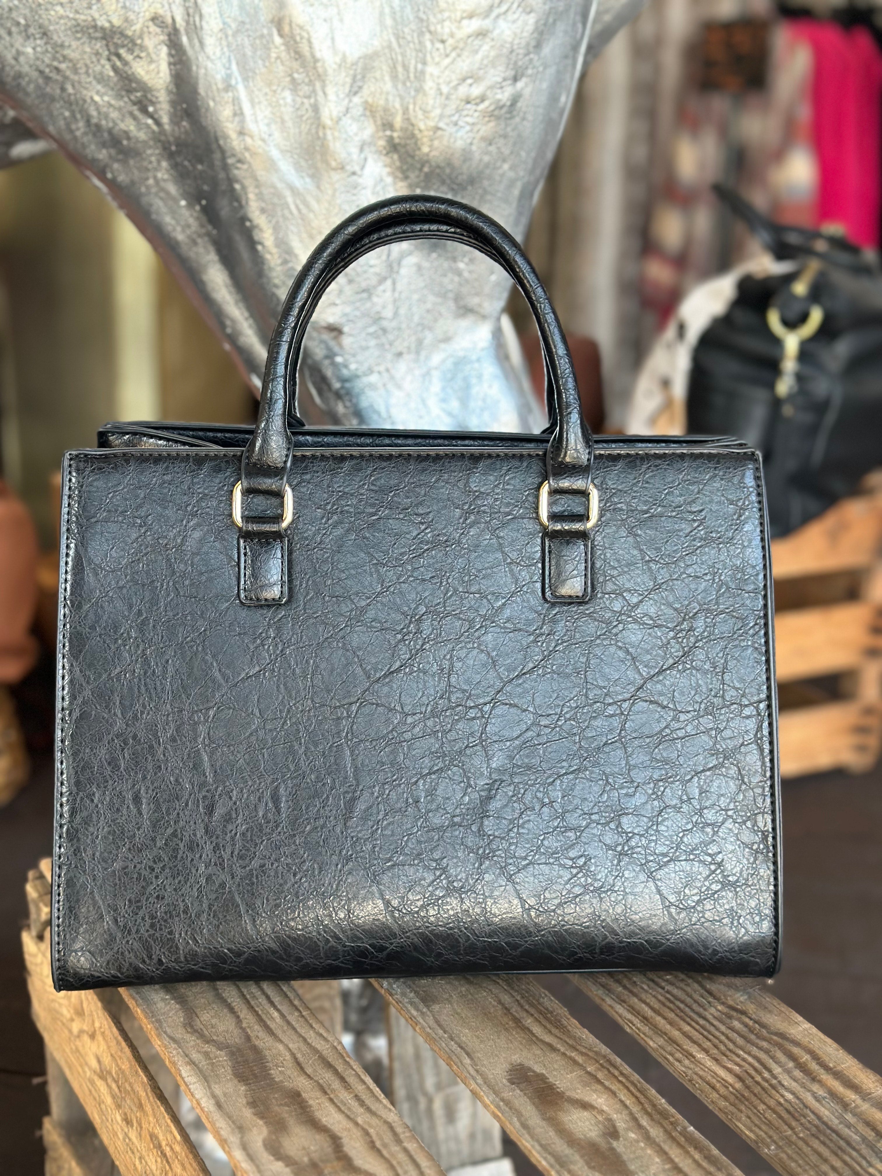 Large Black Bag with Embossed Floral Pattern