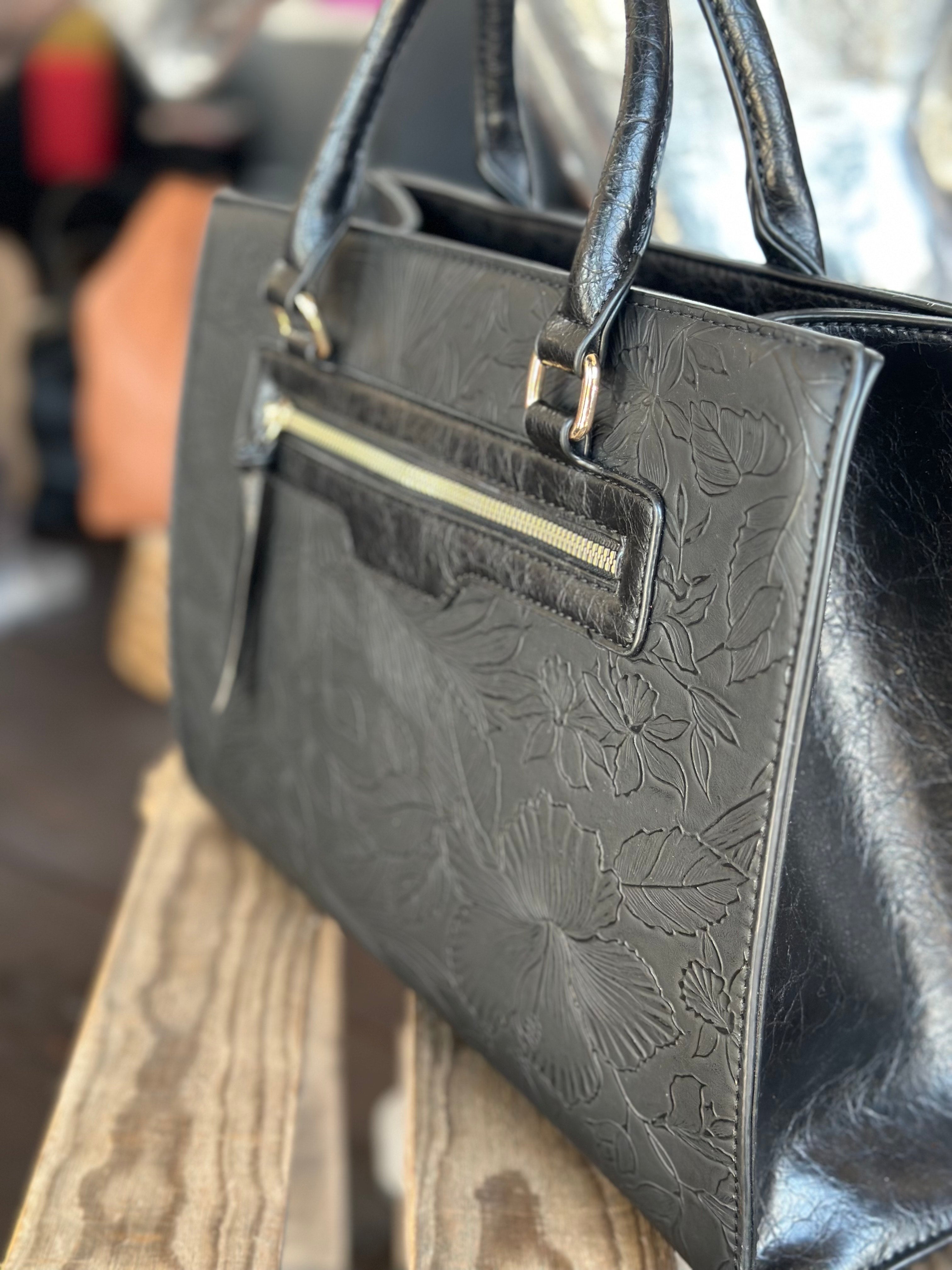 Large Black Bag with Embossed Floral Pattern
