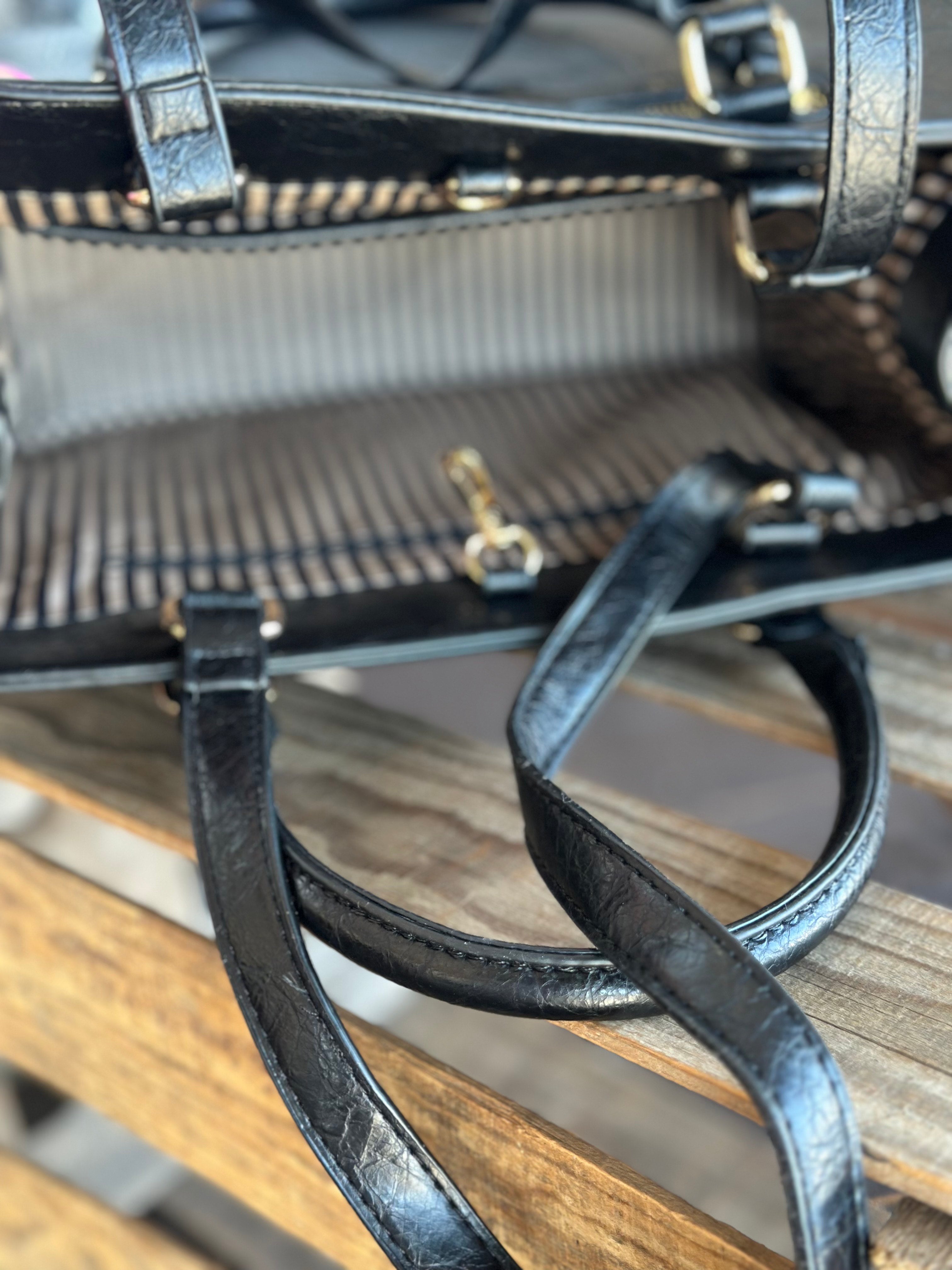 Large Black Bag with Embossed Floral Pattern