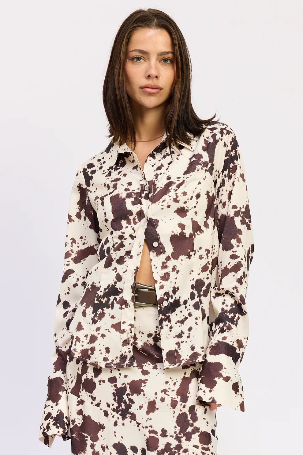 Satin Cow Print Fitted Button Up Shirt