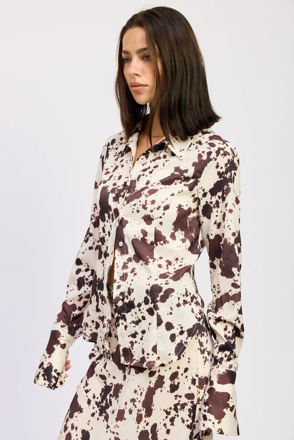 Satin Cow Print Fitted Button Up Shirt