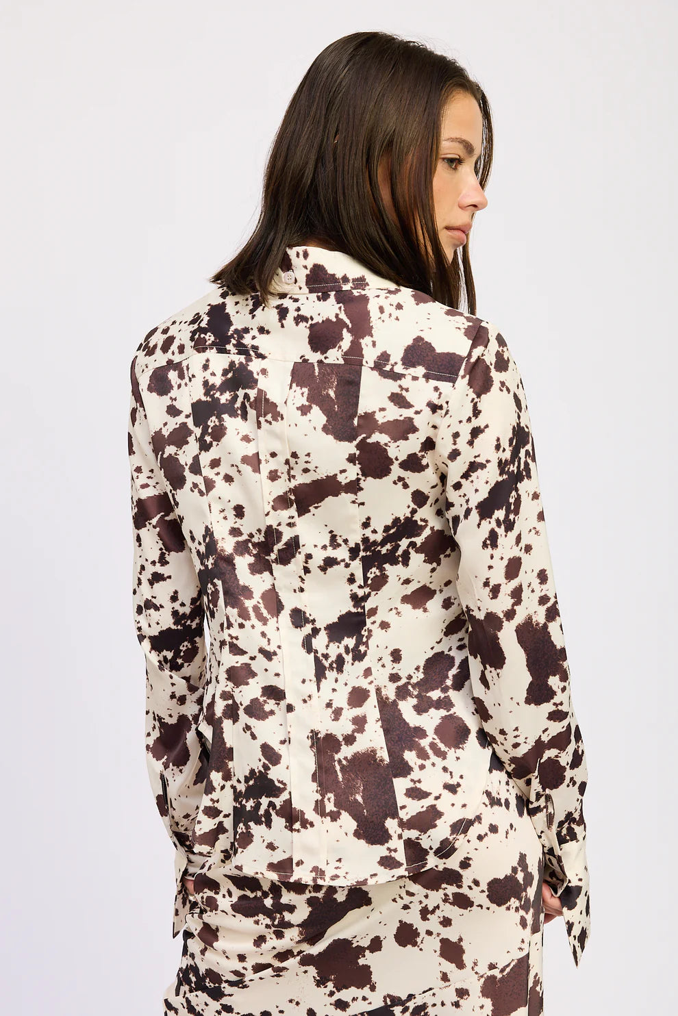 Satin Cow Print Fitted Button Up Shirt