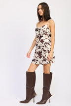 Cow Print Cowl Neck Mini Satin Dress