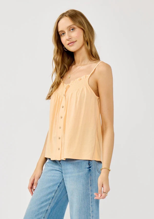 Spaghetti Strap Button Down Top W/ Smocking at Front Neck