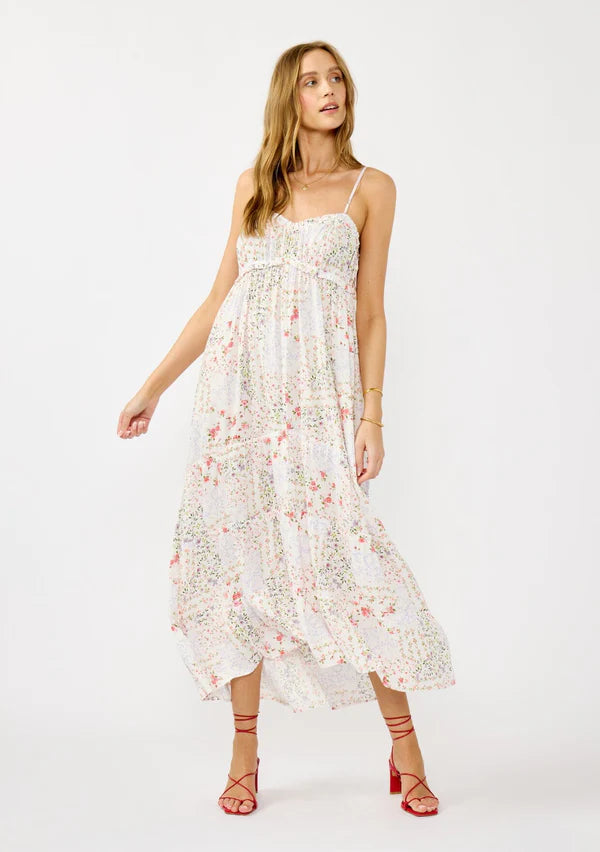 Spaghetti Strap Tiered Ruffle Hi-Lo Maxi Dress W/ Pleats Bust Detail