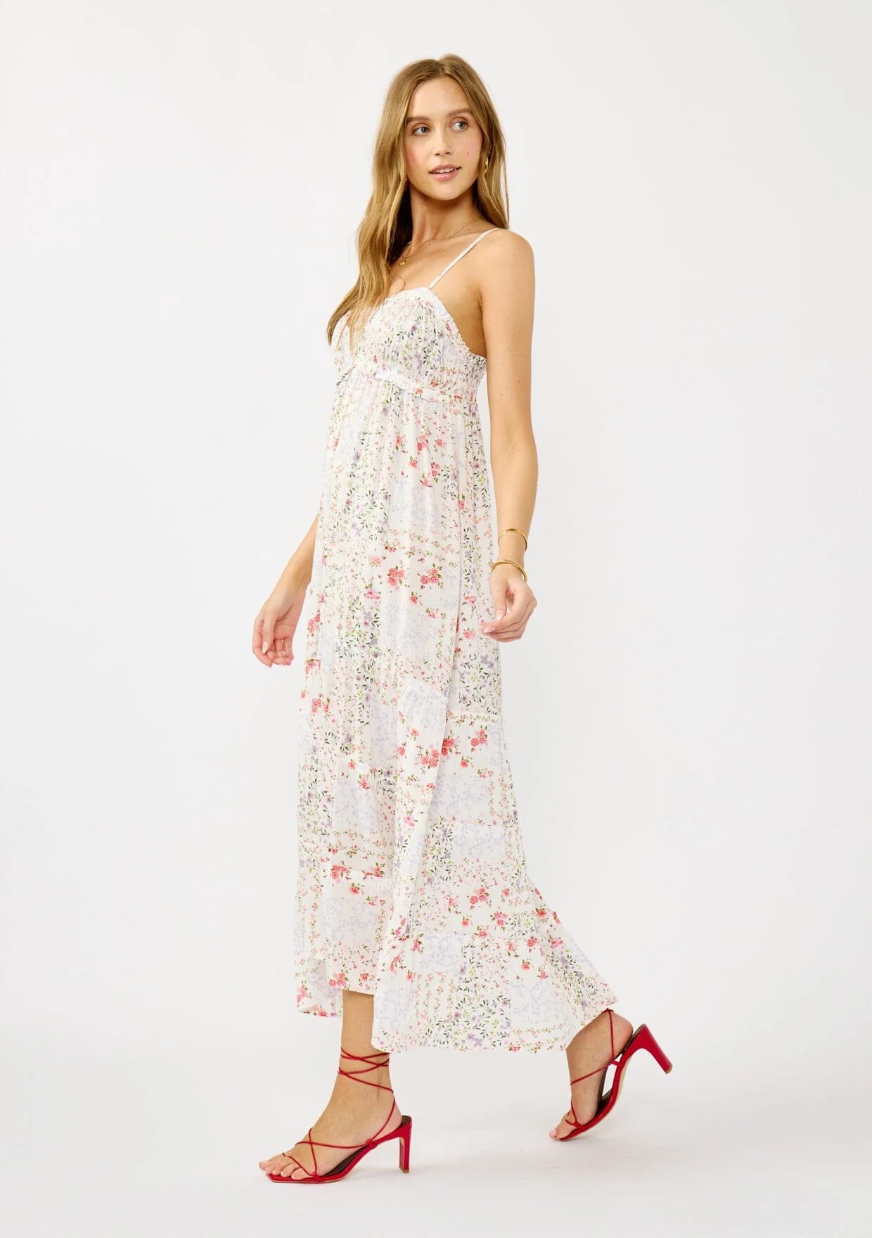 Spaghetti Strap Tiered Ruffle Hi-Lo Maxi Dress W/ Pleats Bust Detail