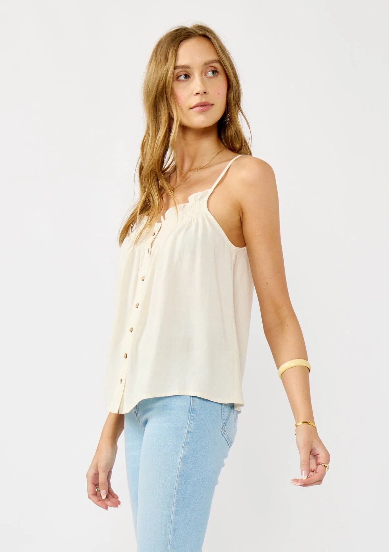 Spaghetti Strap Button Down Top W/ Smocking at Front Neck