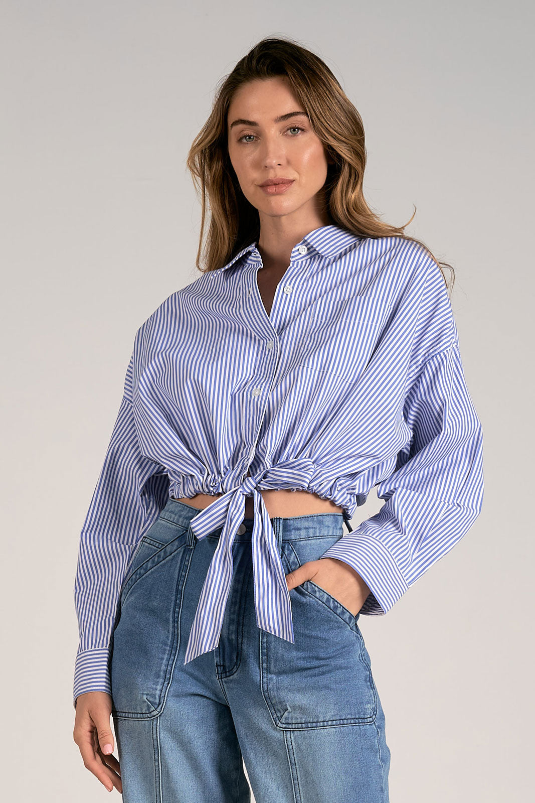 Long Sleeve Button Down Tie Front Top