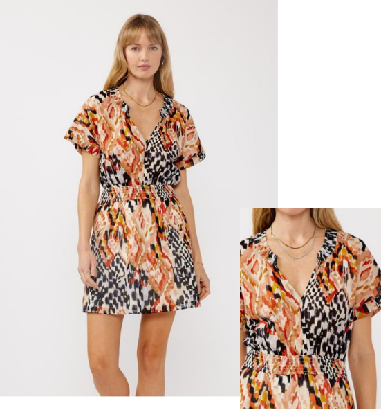 S/S Split Neck Smocked Waist Mini Dress