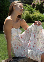 Spaghetti Strap Tiered Ruffle Hi-Lo Maxi Dress W/ Pleats Bust Detail