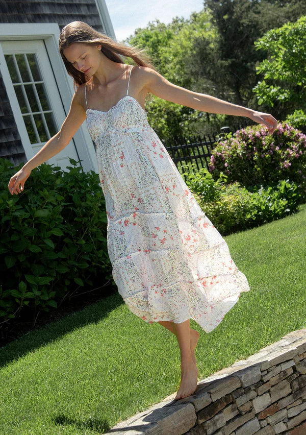 Spaghetti Strap Tiered Ruffle Hi-Lo Maxi Dress W/ Pleats Bust Detail