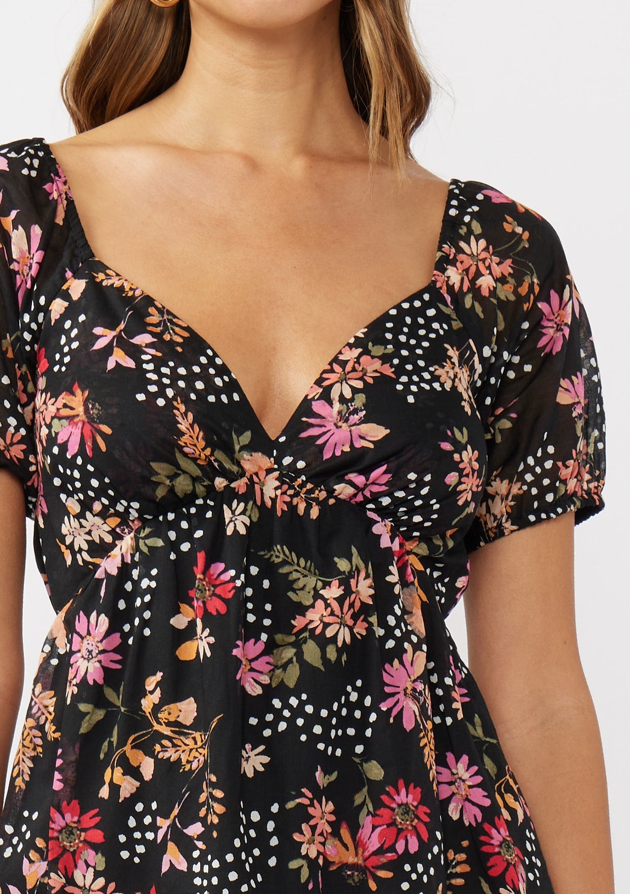 Short Puff Slv Empire Waist Mini Dress W/ Smocked Back Band