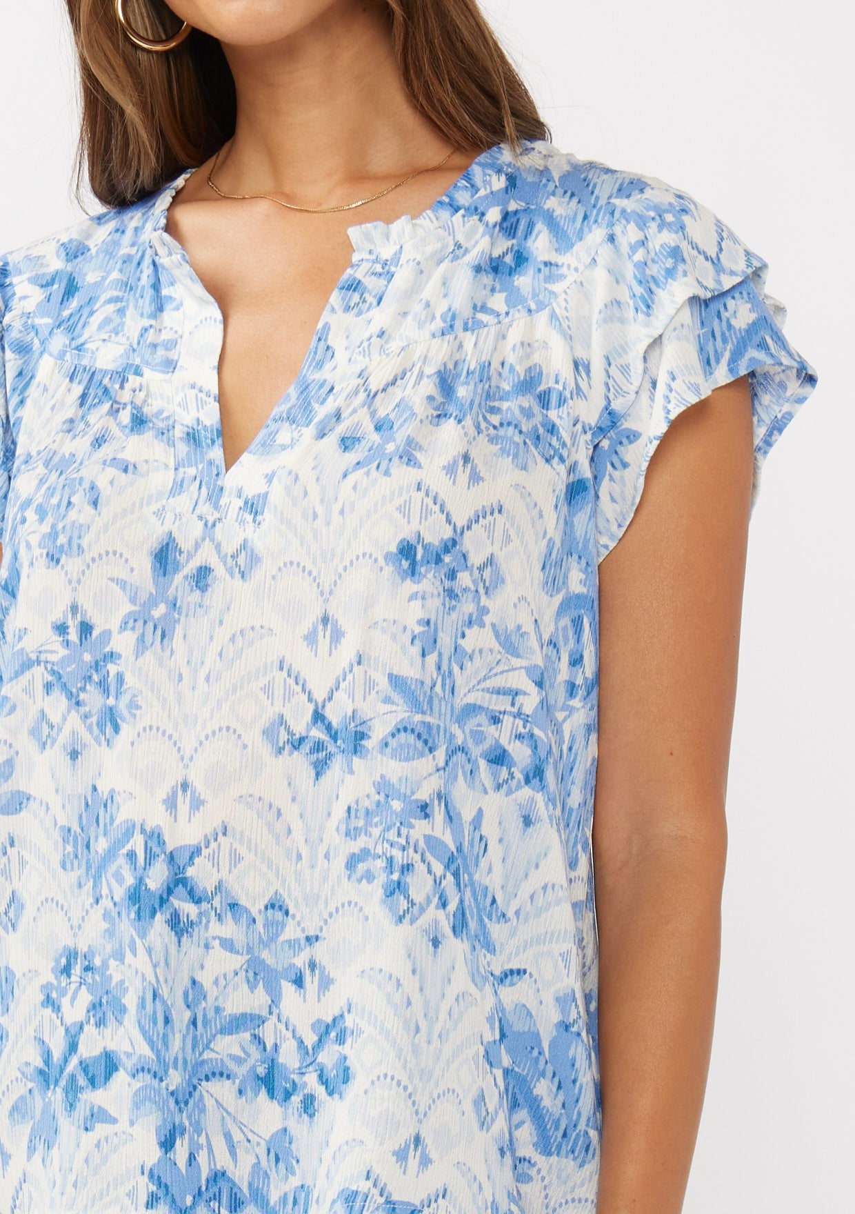 Double Ruffle Slv Split Neck Top