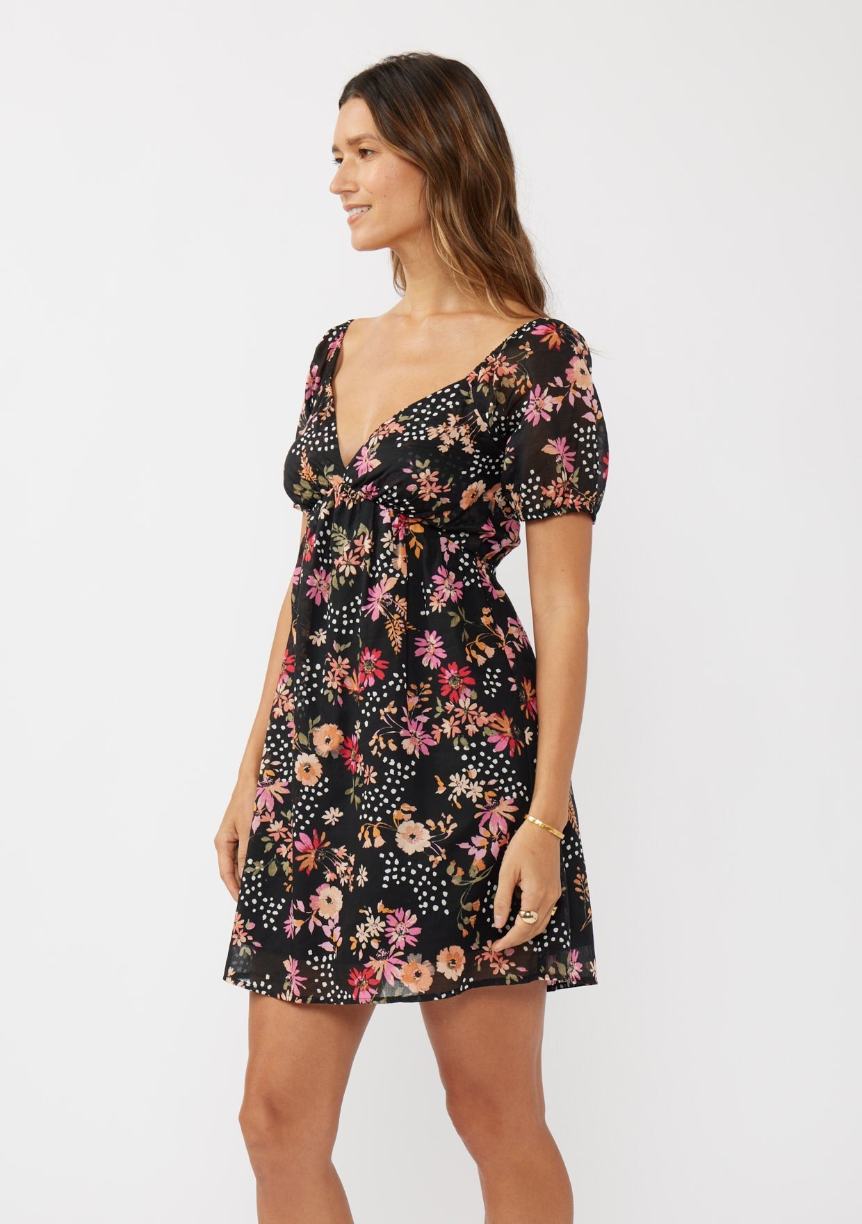 Short Puff Slv Empire Waist Mini Dress W/ Smocked Back Band