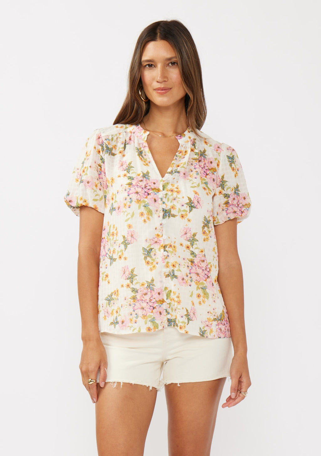 Short Puff Slv Split Neck Button Down Top
