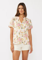 Short Puff Slv Split Neck Button Down Top