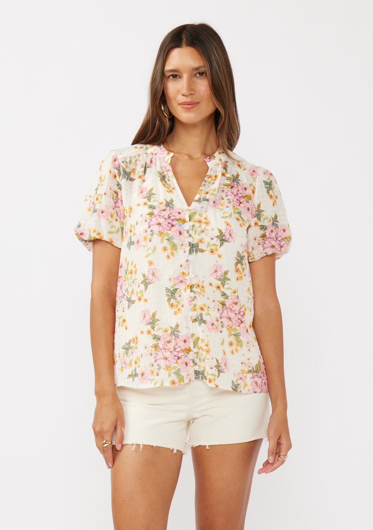Short Puff Slv Split Neck Button Down Top