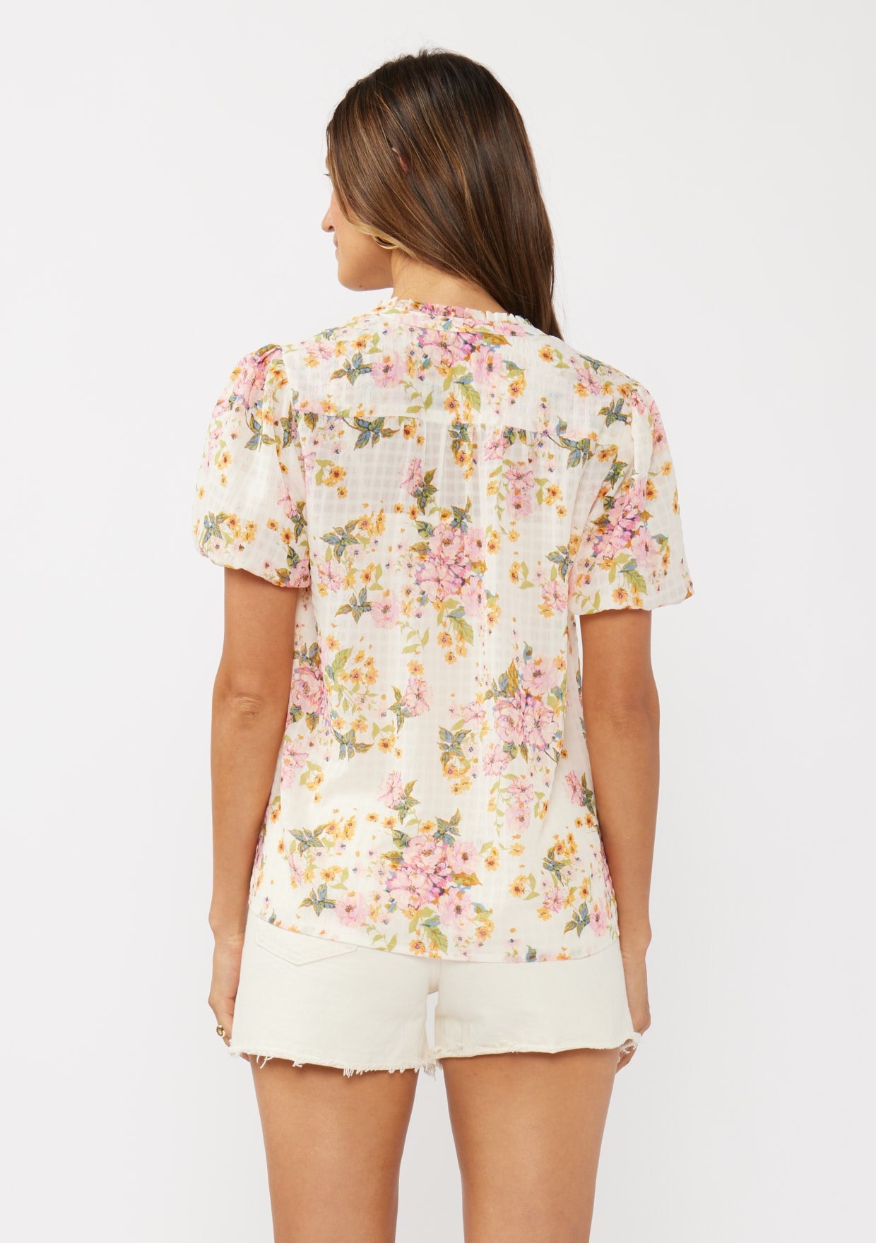 Short Puff Slv Split Neck Button Down Top