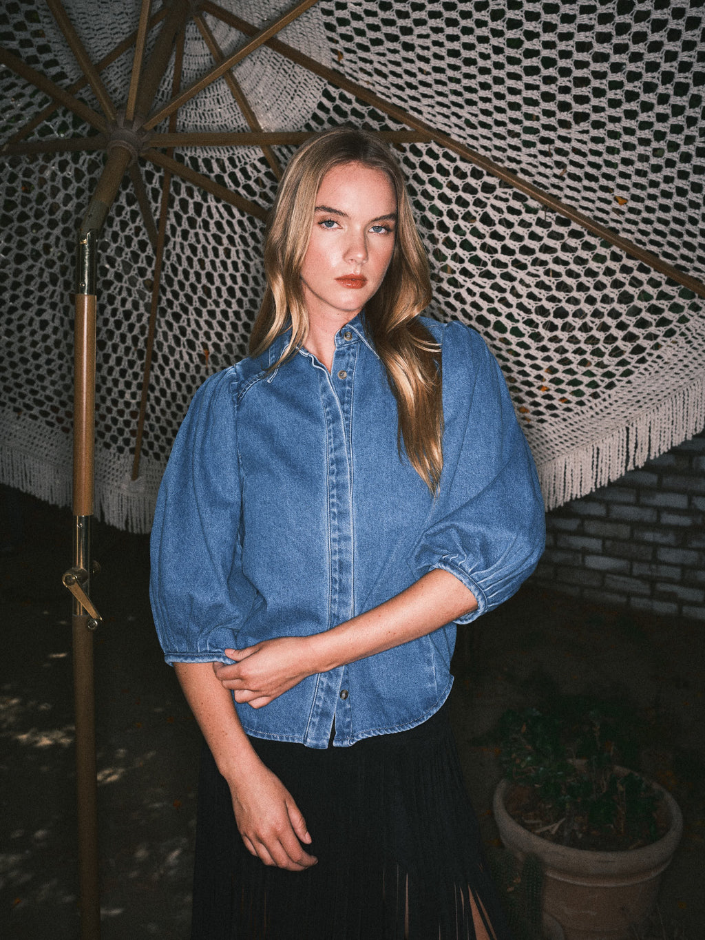 Puff Sleeve Denim Blouse