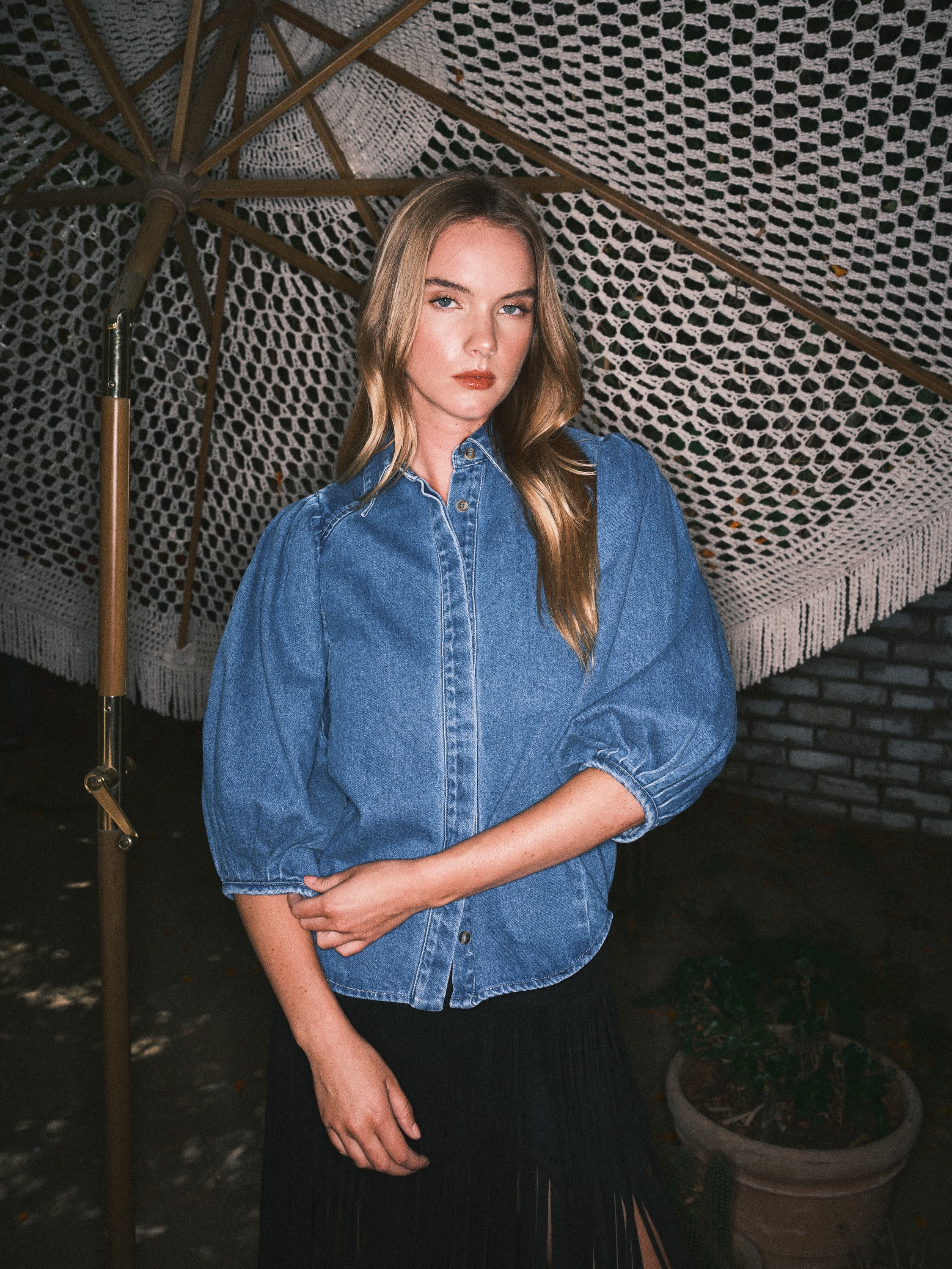 Puff Sleeve Denim Blouse