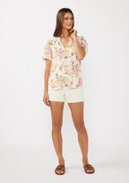 Short Puff Slv Split Neck Button Down Top