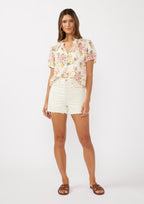 Short Puff Slv Split Neck Button Down Top