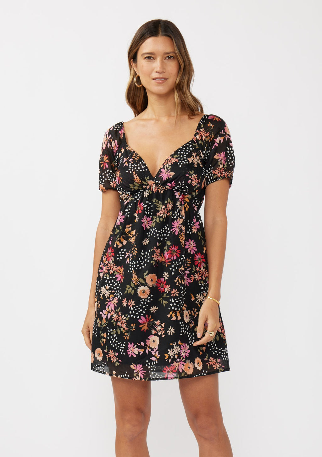 Short Puff Slv Empire Waist Mini Dress W/ Smocked Back Band