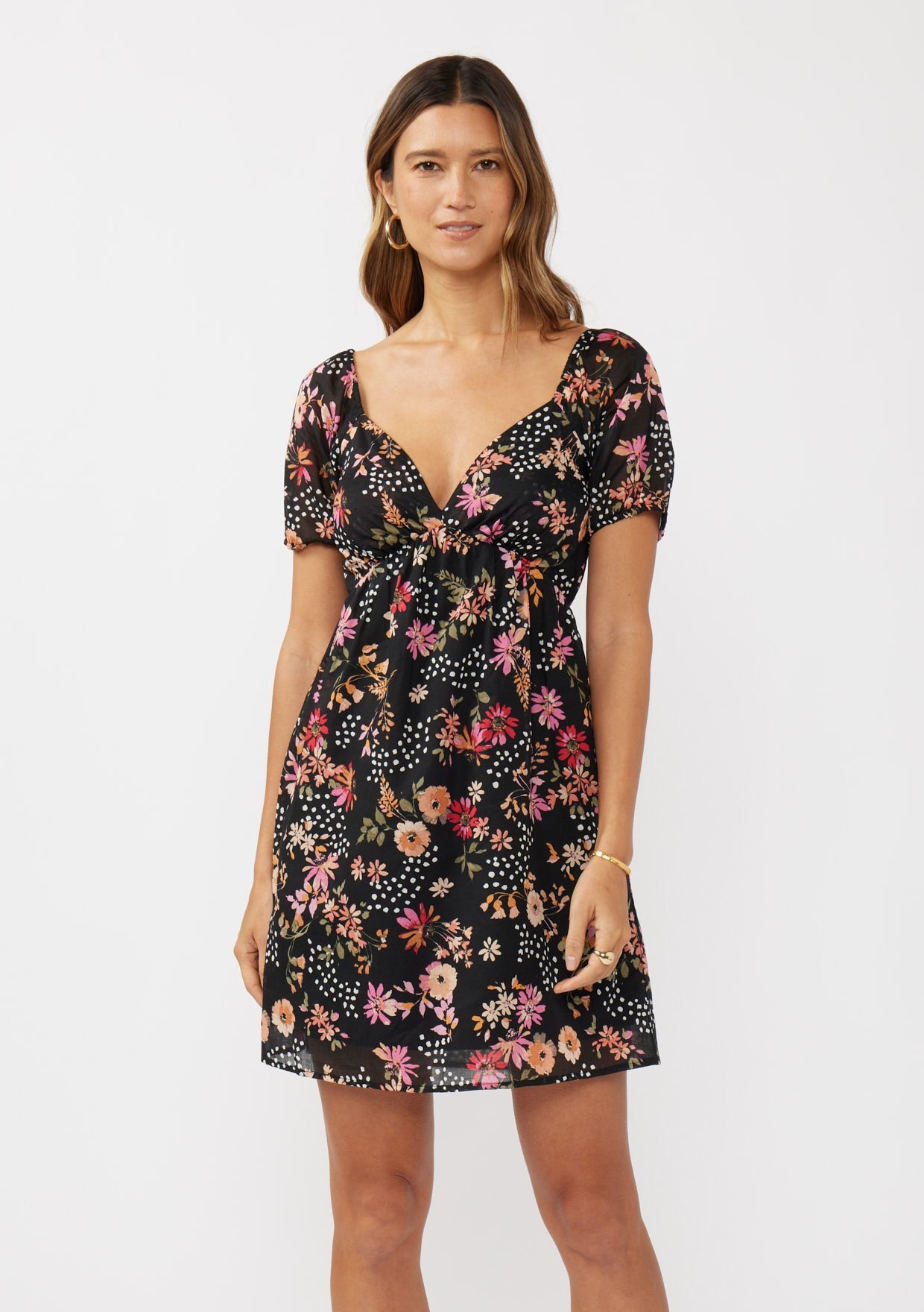 Short Puff Slv Empire Waist Mini Dress W/ Smocked Back Band