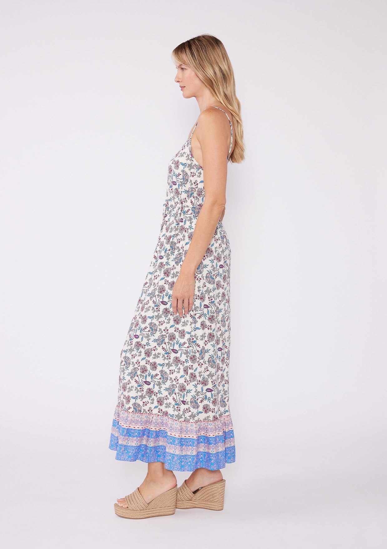 Spaghetti Strap Maxi Dress W/ Button at CF Bodice and Drawstring at Waistline