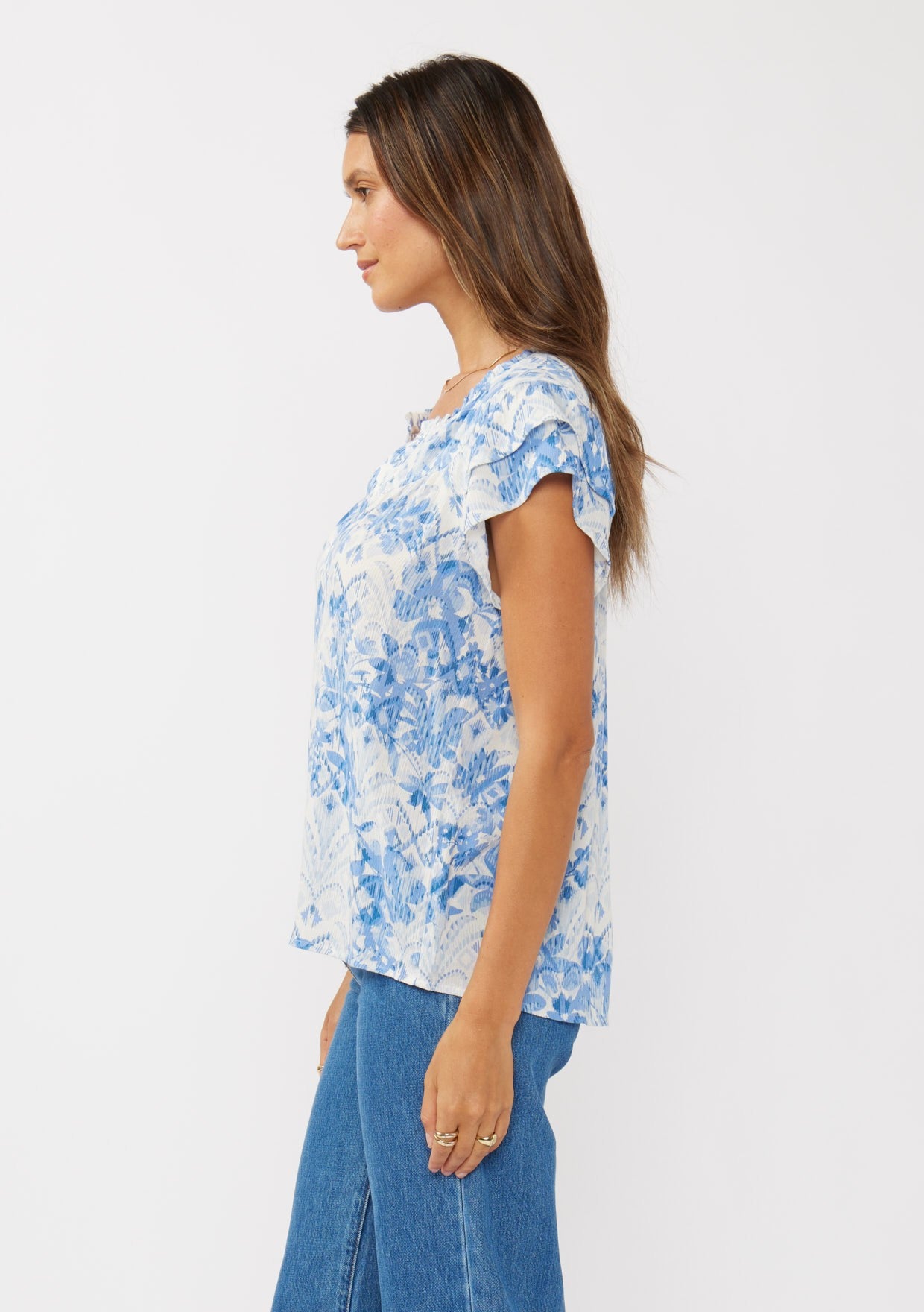 Double Ruffle Slv Split Neck Top